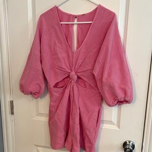 Pink Free People Knotted Romper with Puff Sleeves